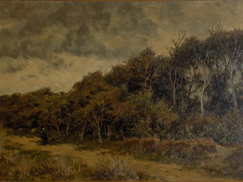 1931-Euphrosine Beernaert - Veduta di una foresta con degli escursionisti